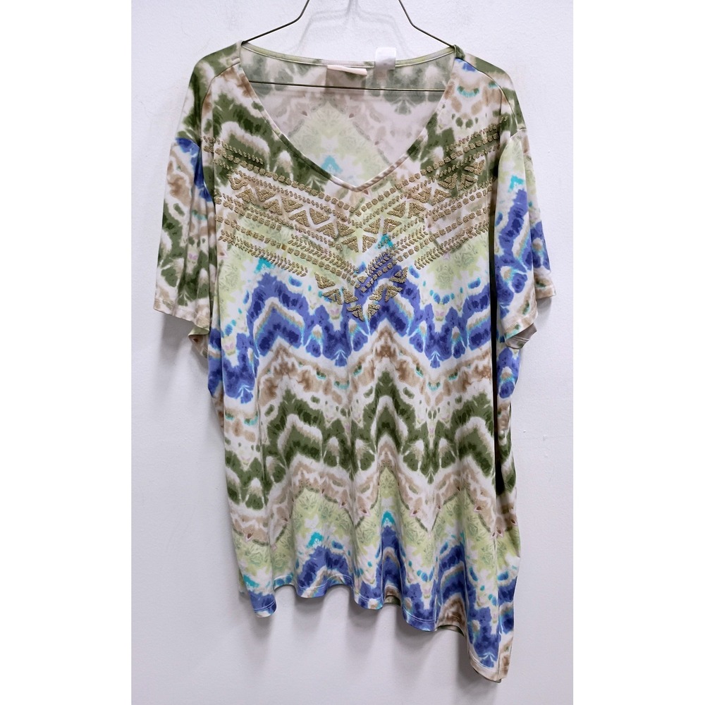 Alfred Dunner Top Womens 3X Multi Tie Dye Artistic Beaded V-Neck Asymmetrical